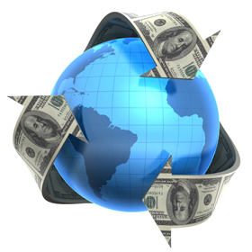 Serviços de Importação representado por uma ilustração com várias setas feitas em dinheiro (papel) em torno do planeta